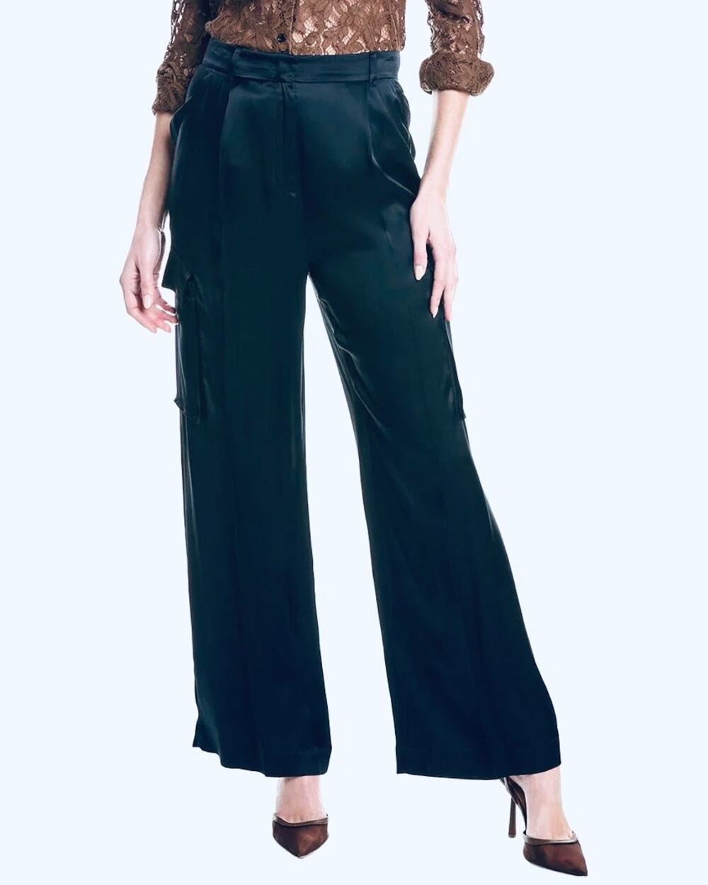 Marella Sport Birillo Pants Trousers Wide Leg Cargo Satin Navy Blue Size 6 NEW